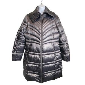 TravelSmith Women's Shiny‎ Metallic Gray Down Puffer Coat Size L Quilted Utility